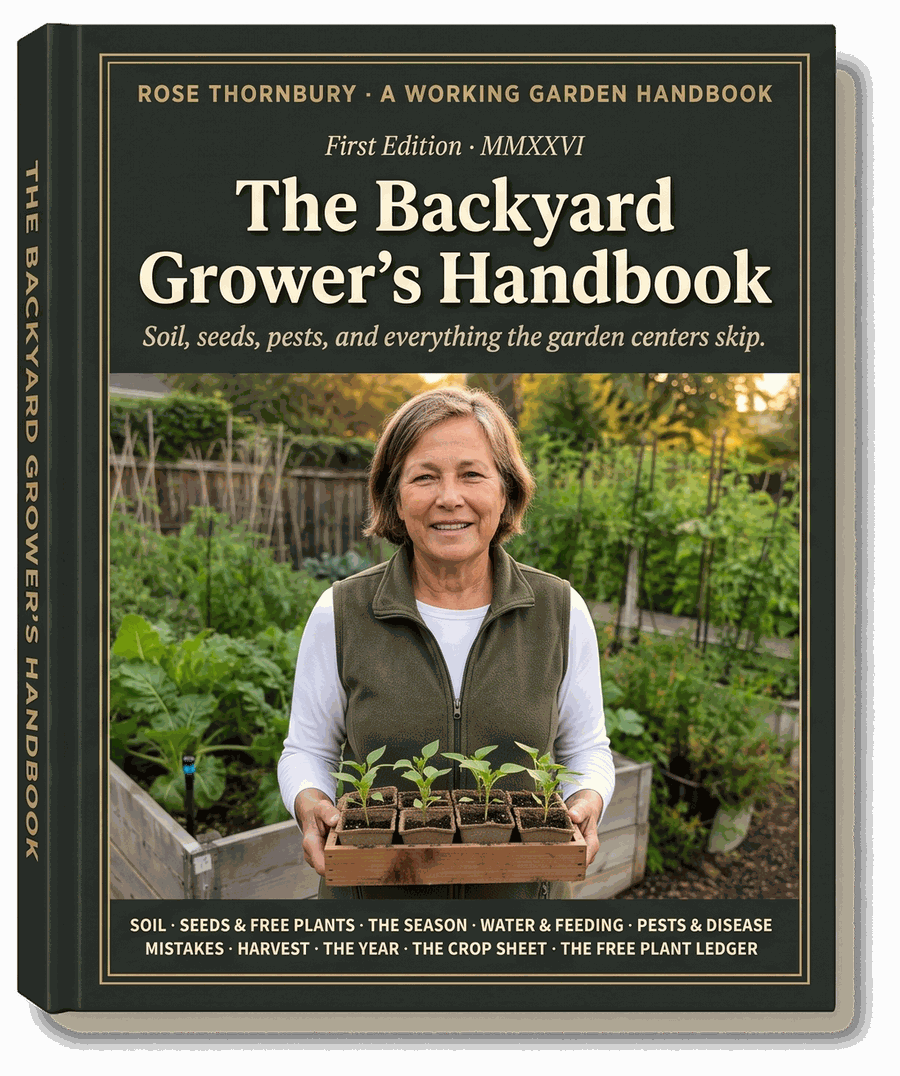 The Backyard Grower's Handbook, hardcover first edition, showing Rose Thornbury holding a tray of pepper seedlings.