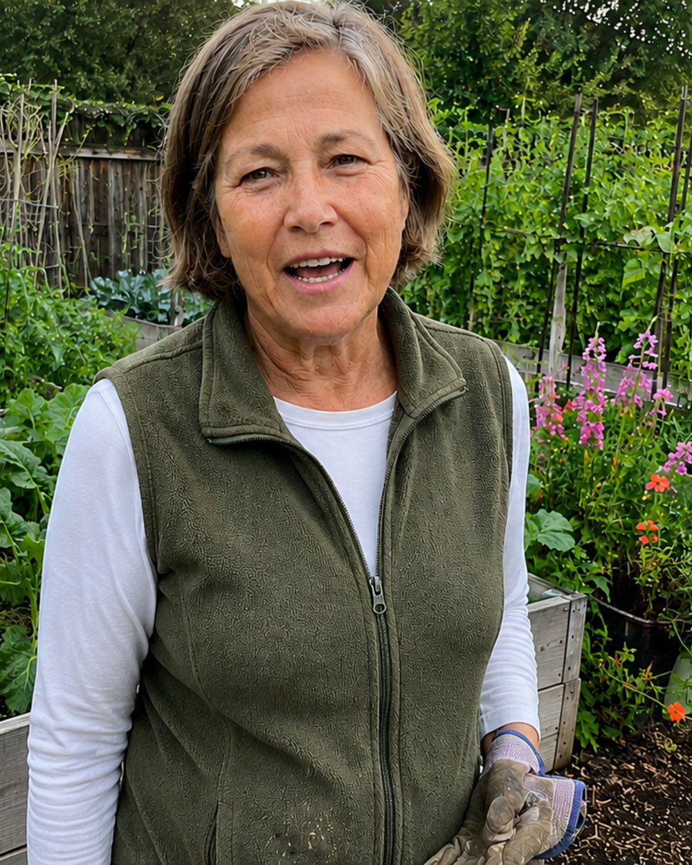 Rose Thornbury standing between her raised beds in a green fleece vest, gardening gloves in hand.